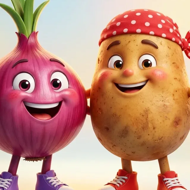 Kanda the onion and Batata the potato, two smiling cartoon friends giving thumbs up